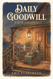 Daily Goodwill: A Book of Kindness by Kris Evergreen. The cover shows a lantern-lit porch at dusk with a rocking chair, a knit blanket and a sleeping cat.